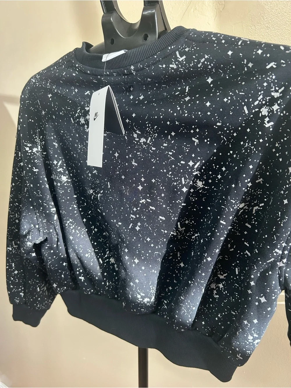 Nike Girls Cropped Sweatshirt Black Metallic Silver Splatter Crewneck Youth M